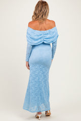 Light Blue Lace Off Shoulder Long Sleeve Maternity Maxi Dress