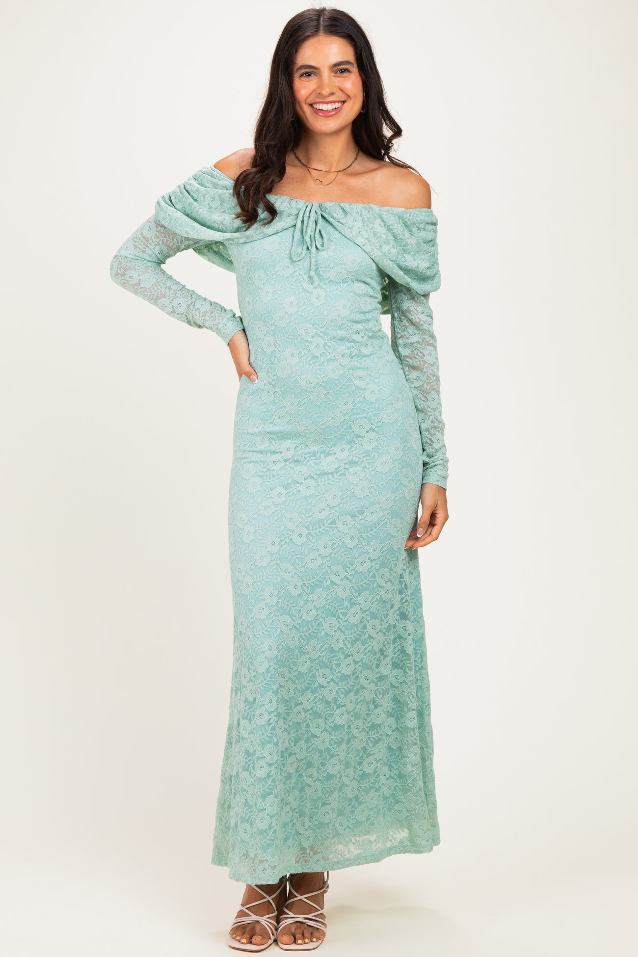 Seafoam Lace Off Shoulder Long Sleeve Maxi Dress