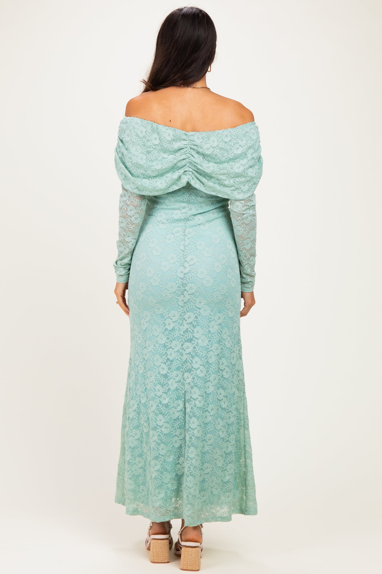 Seafoam Lace Off Shoulder Long Sleeve Maxi Dress