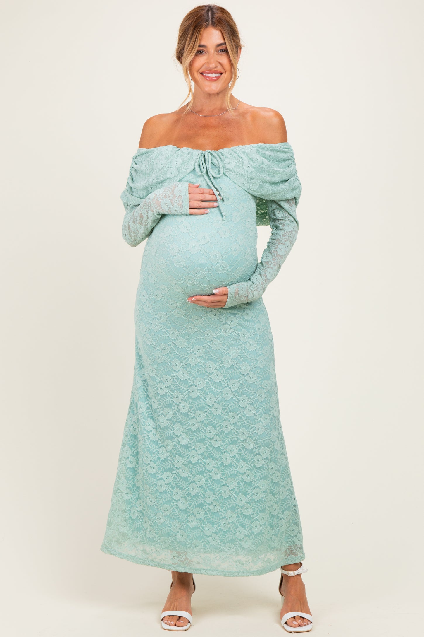 Seafoam Lace Off Shoulder Long Sleeve Maternity Maxi Dress