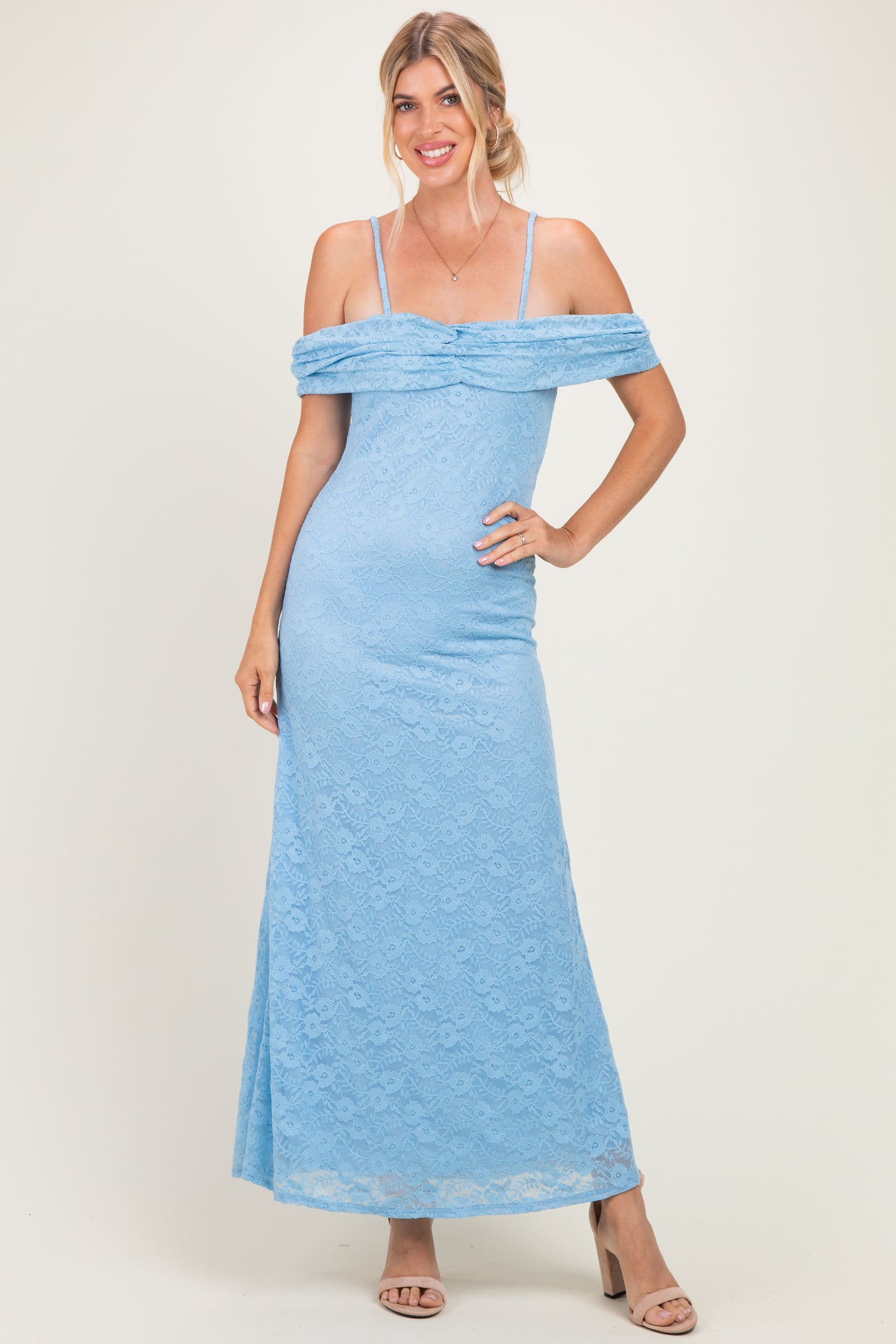 Light Blue Lace Off Shoulder Maternity Maxi Dress