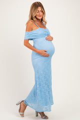 Light Blue Lace Off Shoulder Maternity Maxi Dress