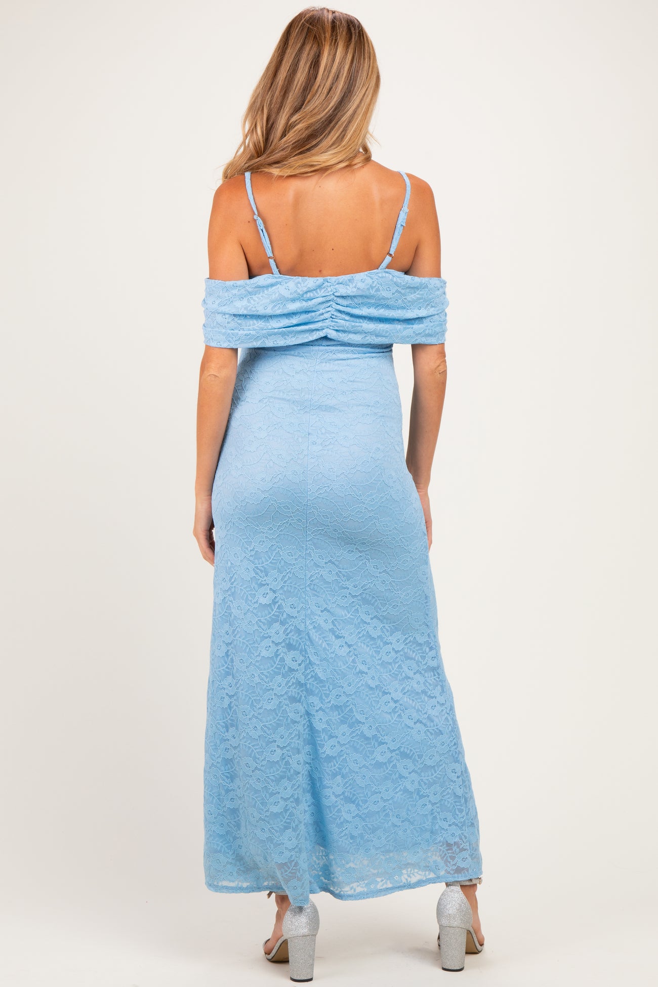 Light Blue Lace Off Shoulder Maternity Maxi Dress