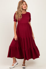 Burgundy Solid Short Sleeve Tiered Maternity Maxi Dress