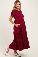 Burgundy Solid Short Sleeve Tiered Maternity Maxi Dress