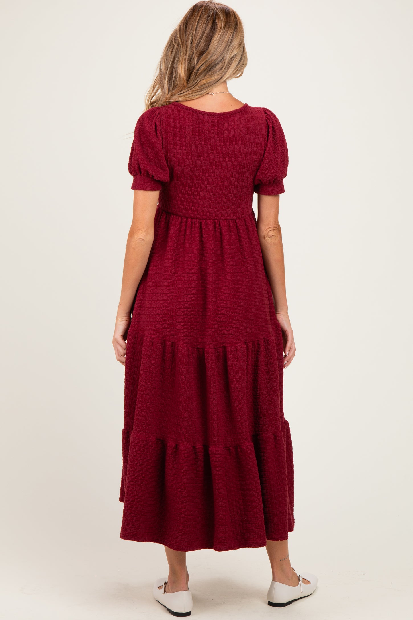 Burgundy Solid Short Sleeve Tiered Maternity Maxi Dress