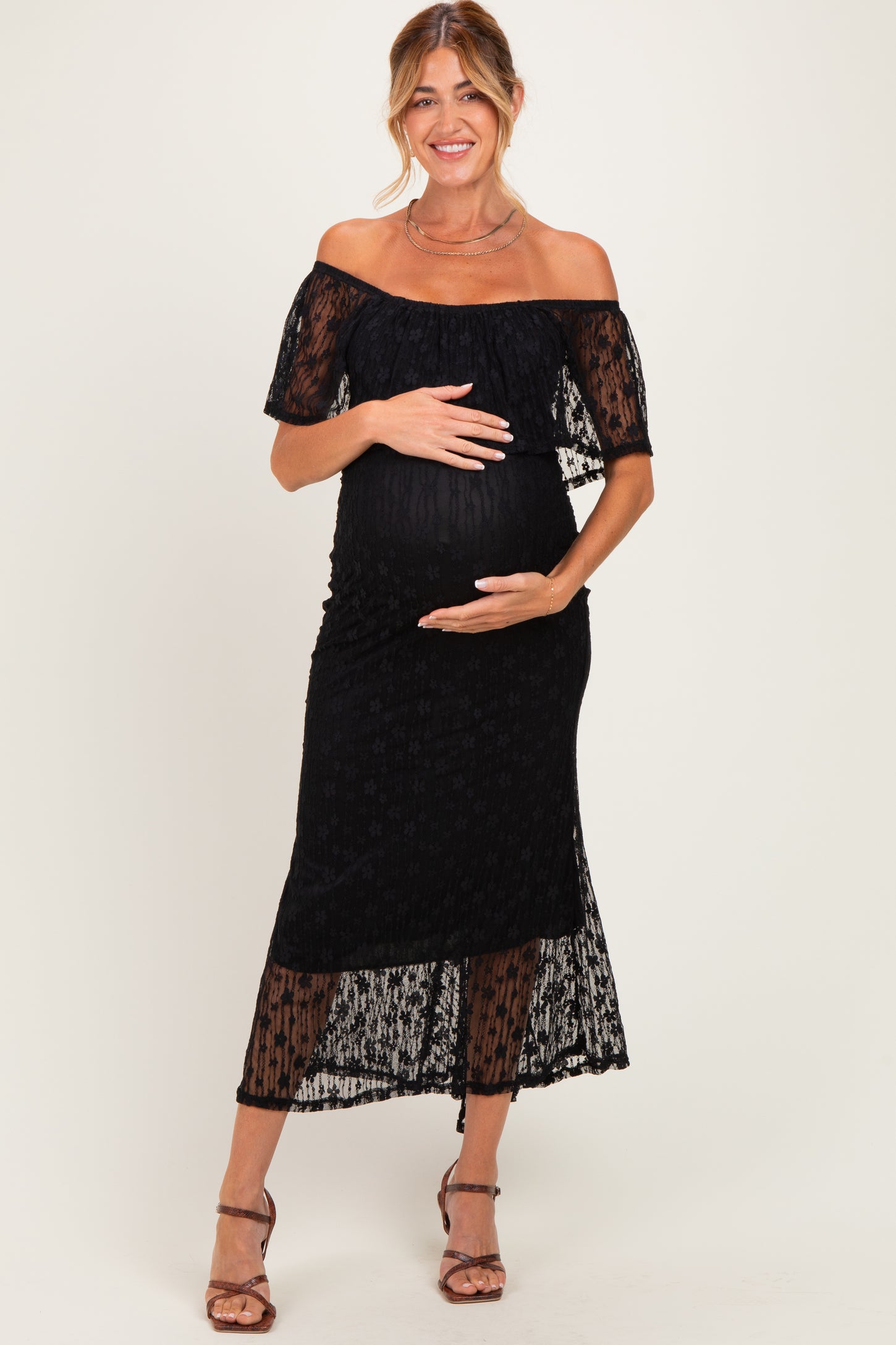 Black Off Shoulder Lace Maternity Maxi Dress