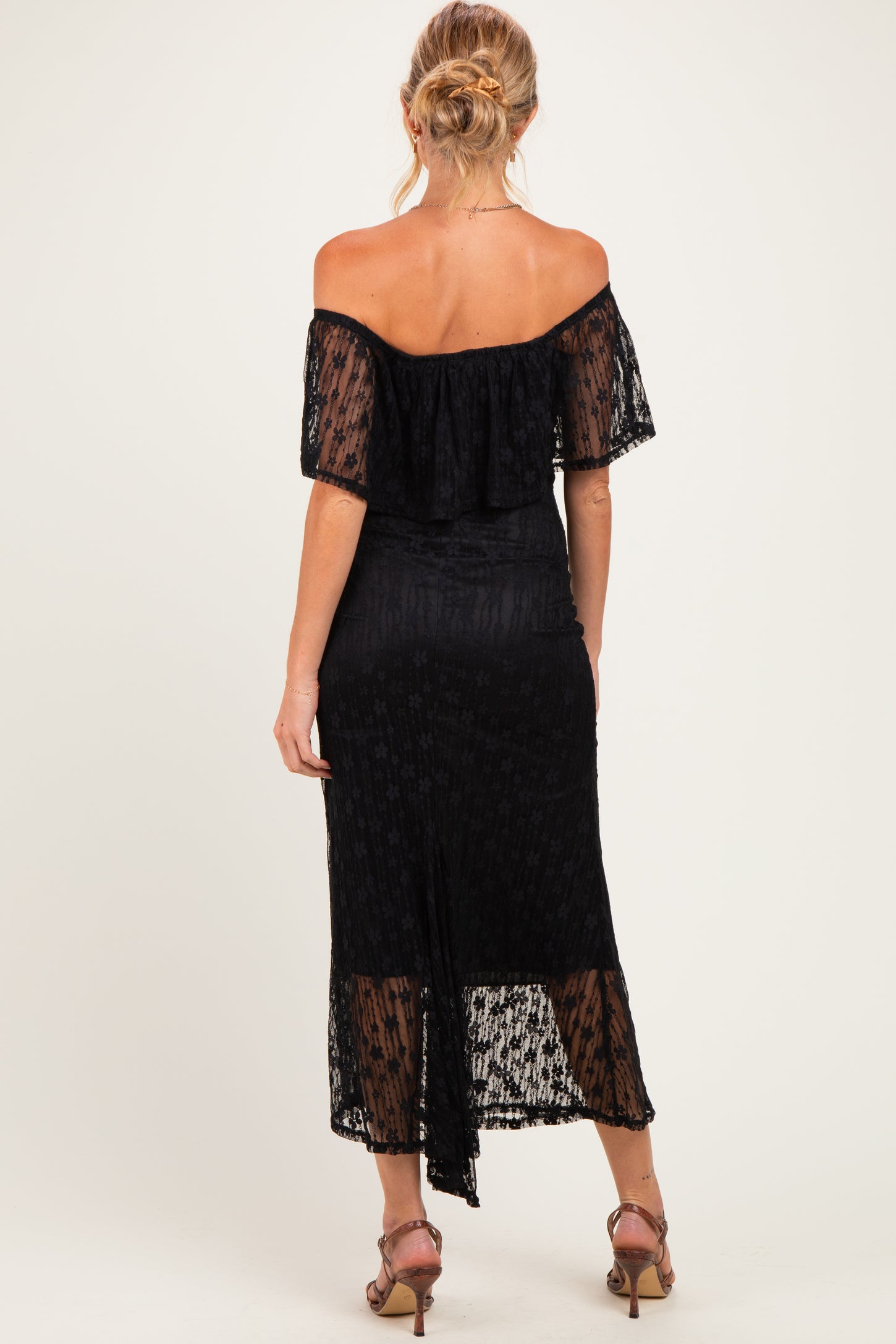Black Off Shoulder Lace Maternity Maxi Dress