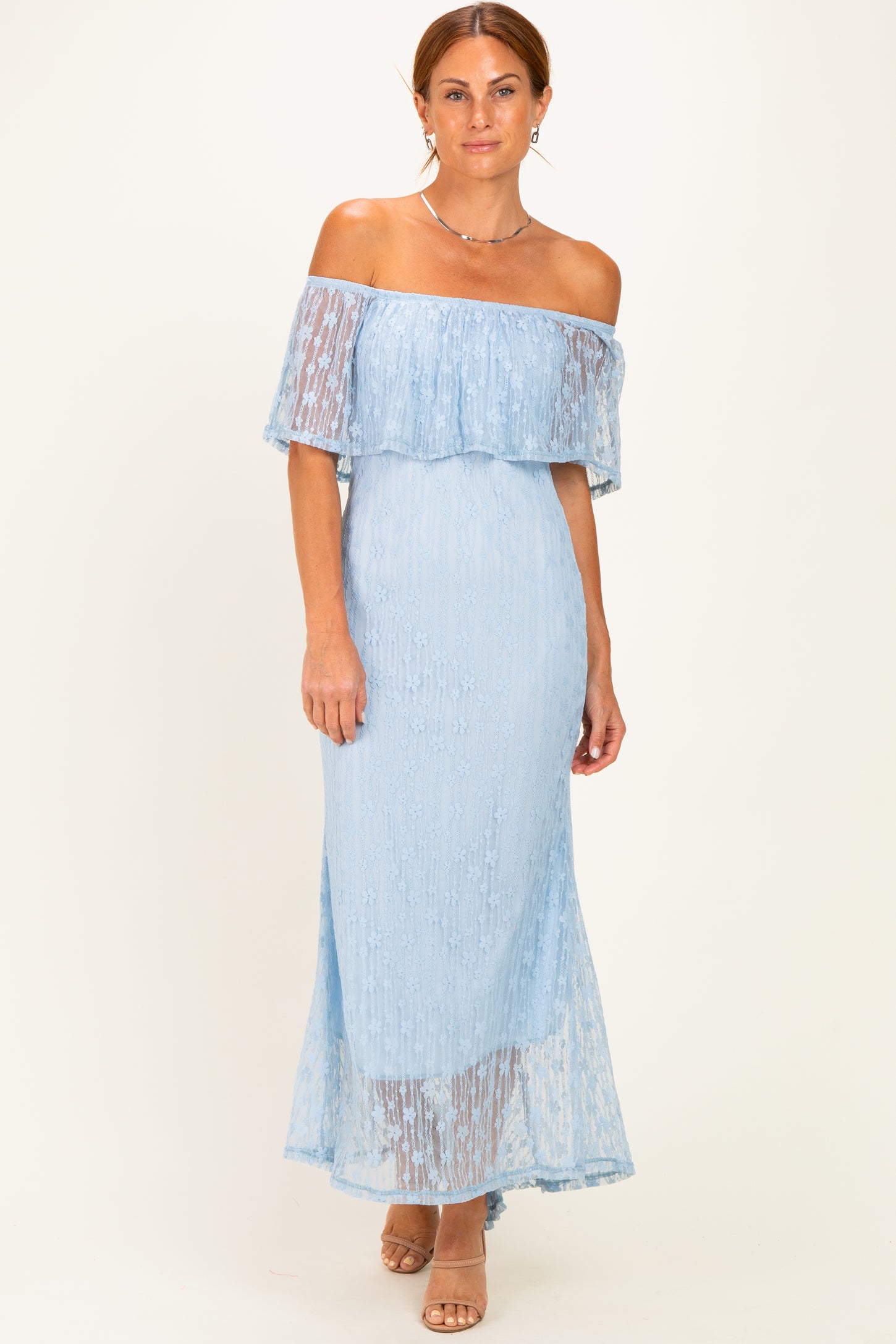 Light Blue Off Shoulder Lace Maternity Maxi Dress