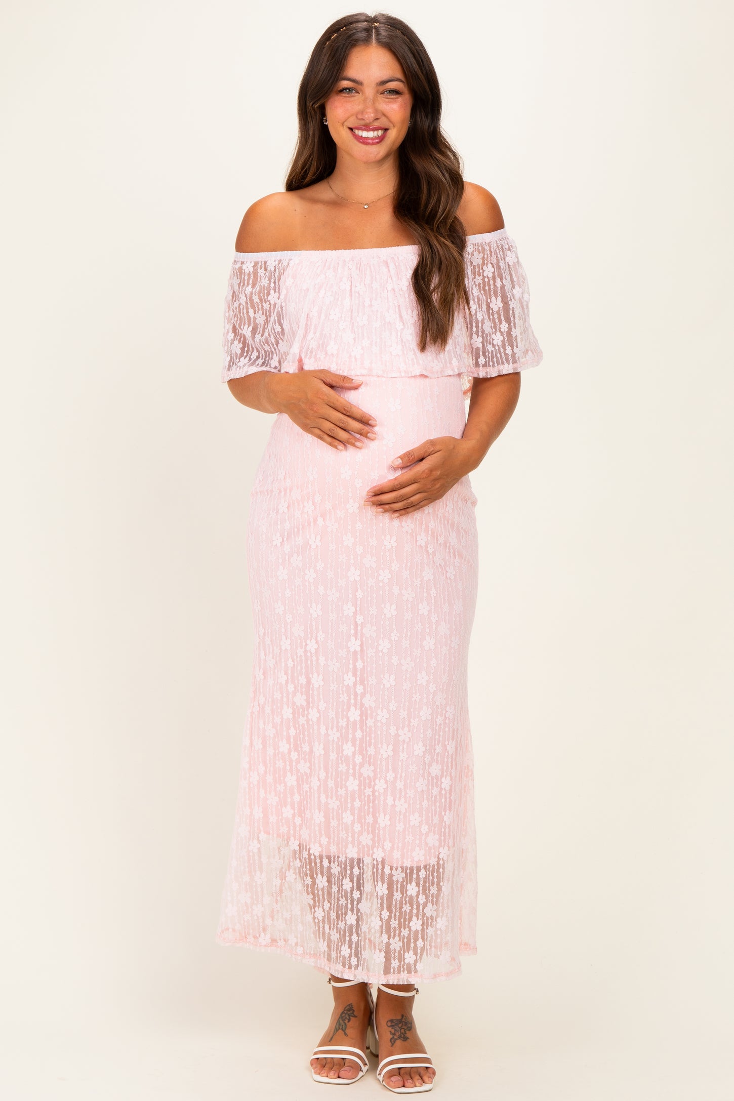 Light Pink Off Shoulder Lace Maternity Maxi Dress