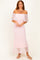woman wearing a light pink off-the-shoulder maxi dress with lace overlay and a fitted silhouette