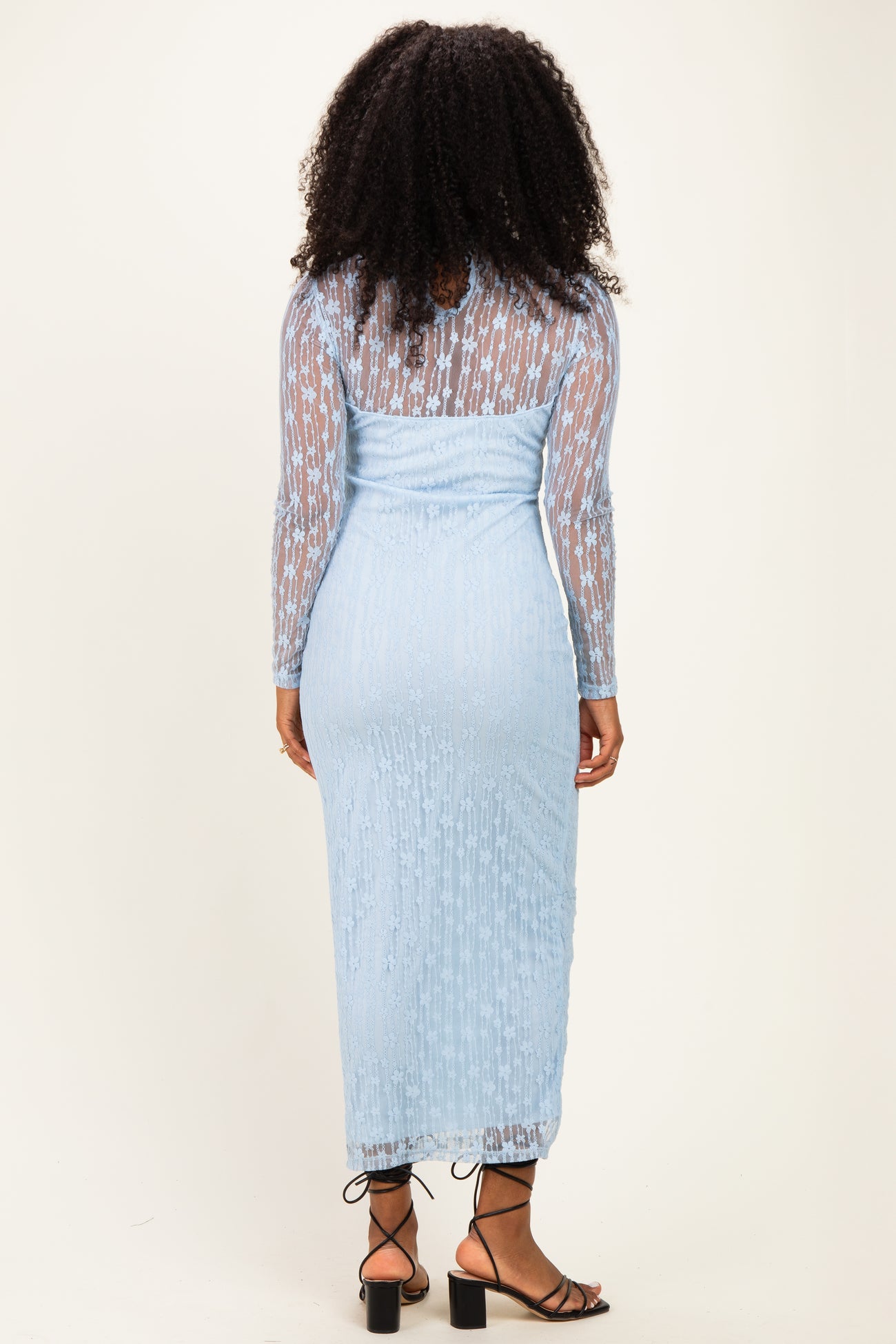 Light Blue Lace Mock Neck Long Sleeve Maternity Maxi Dress