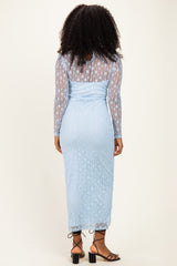 Light Blue Lace Mock Neck Long Sleeve Maternity Maxi Dress