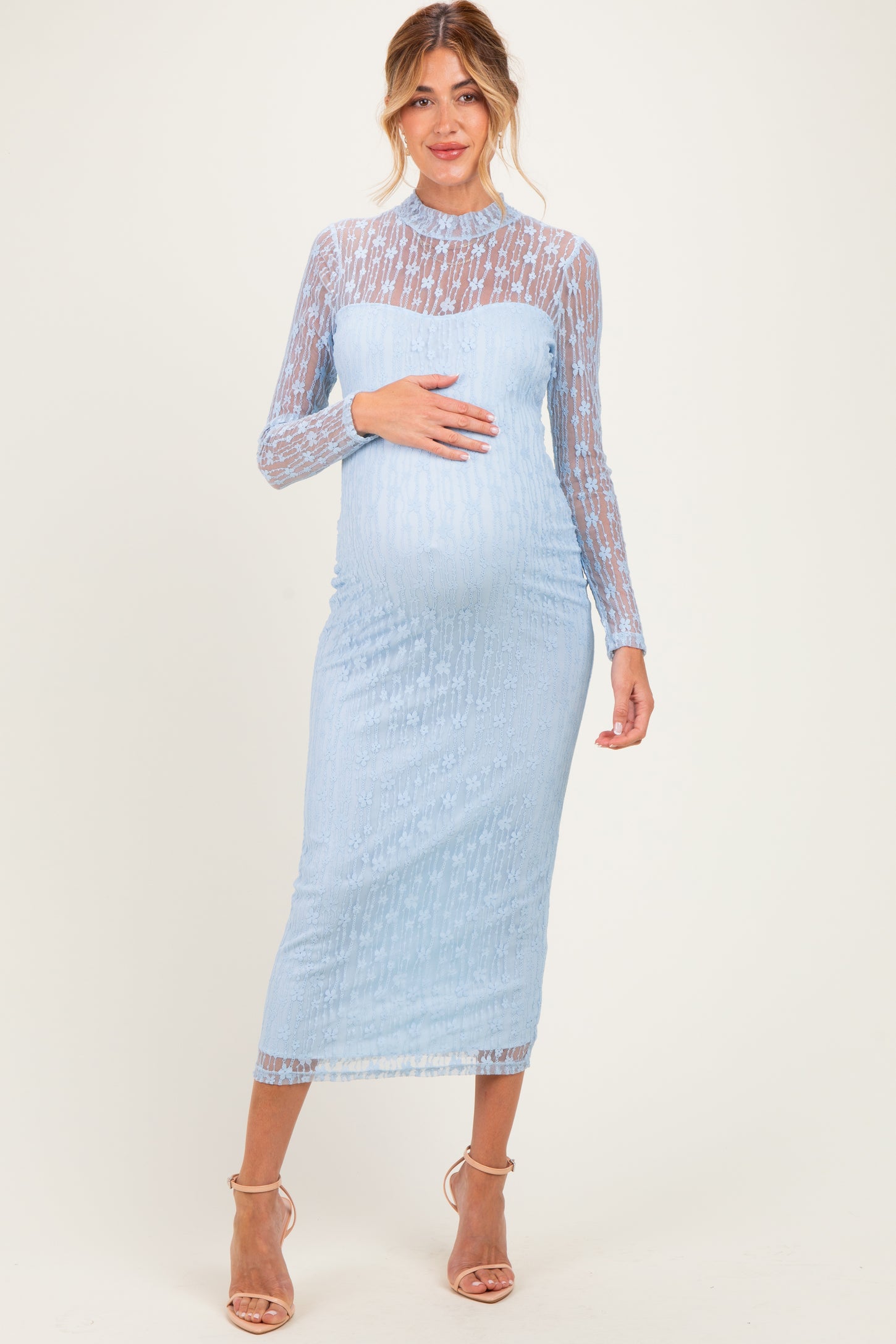 Light Blue Lace Mock Neck Long Sleeve Maternity Maxi Dress