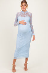Light Blue Lace Mock Neck Long Sleeve Maternity Maxi Dress