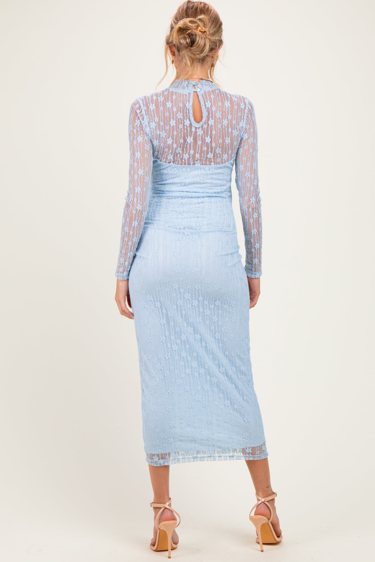 Light Blue Lace Mock Neck Long Sleeve Maternity Maxi Dress