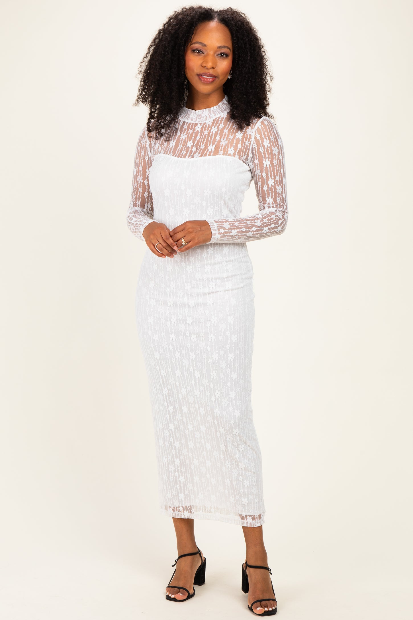 Ivory Lace Mock Neck Long Sleeve Maternity Maxi Dress