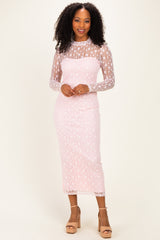 Light Pink Lace Mock Neck Long Sleeve Maternity Maxi Dress