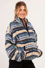 Blue Printed Fleece Oversized Half Zip Maternity Pullover