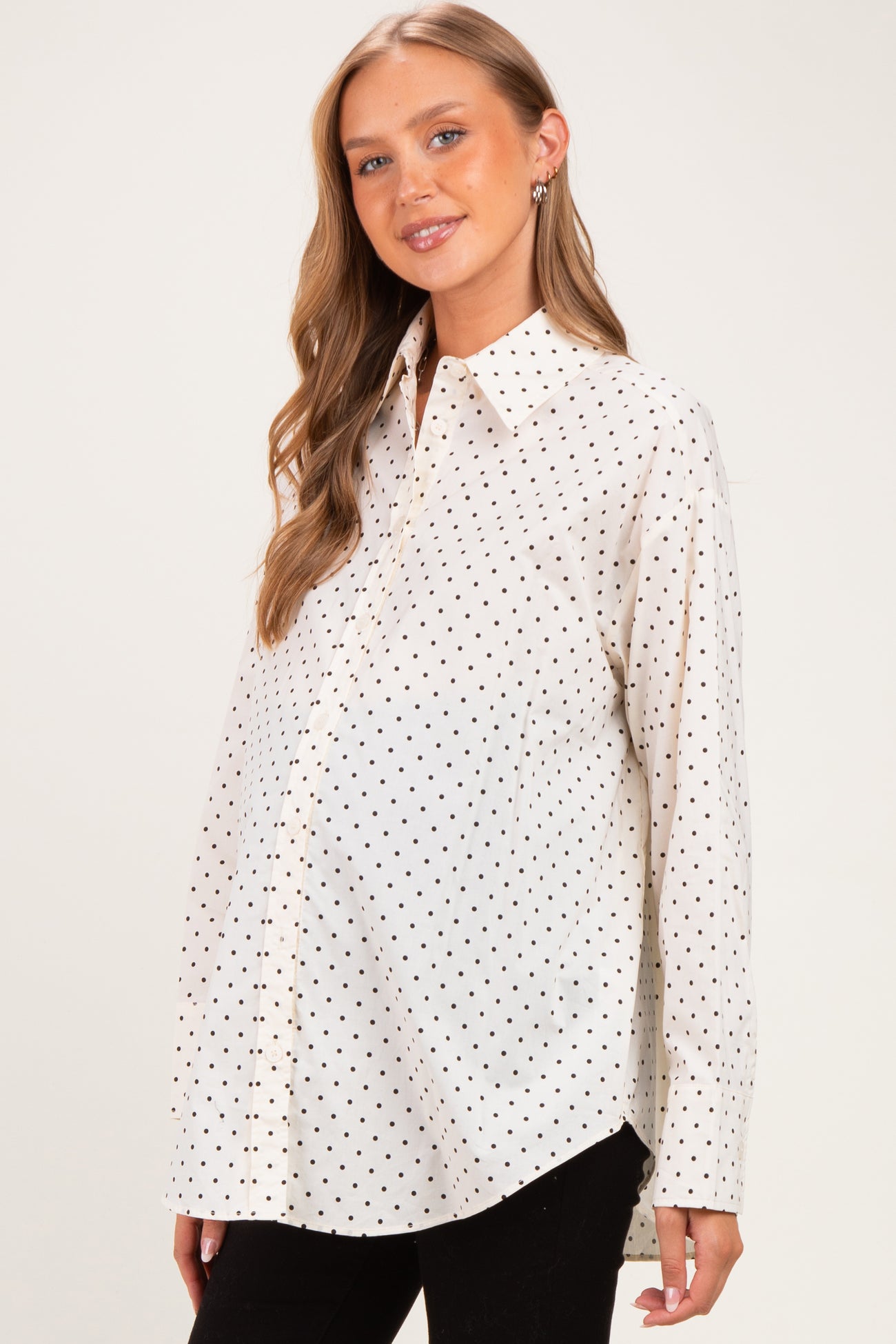 Ivory Polka Dot Oversized Button Down Maternity Shirt