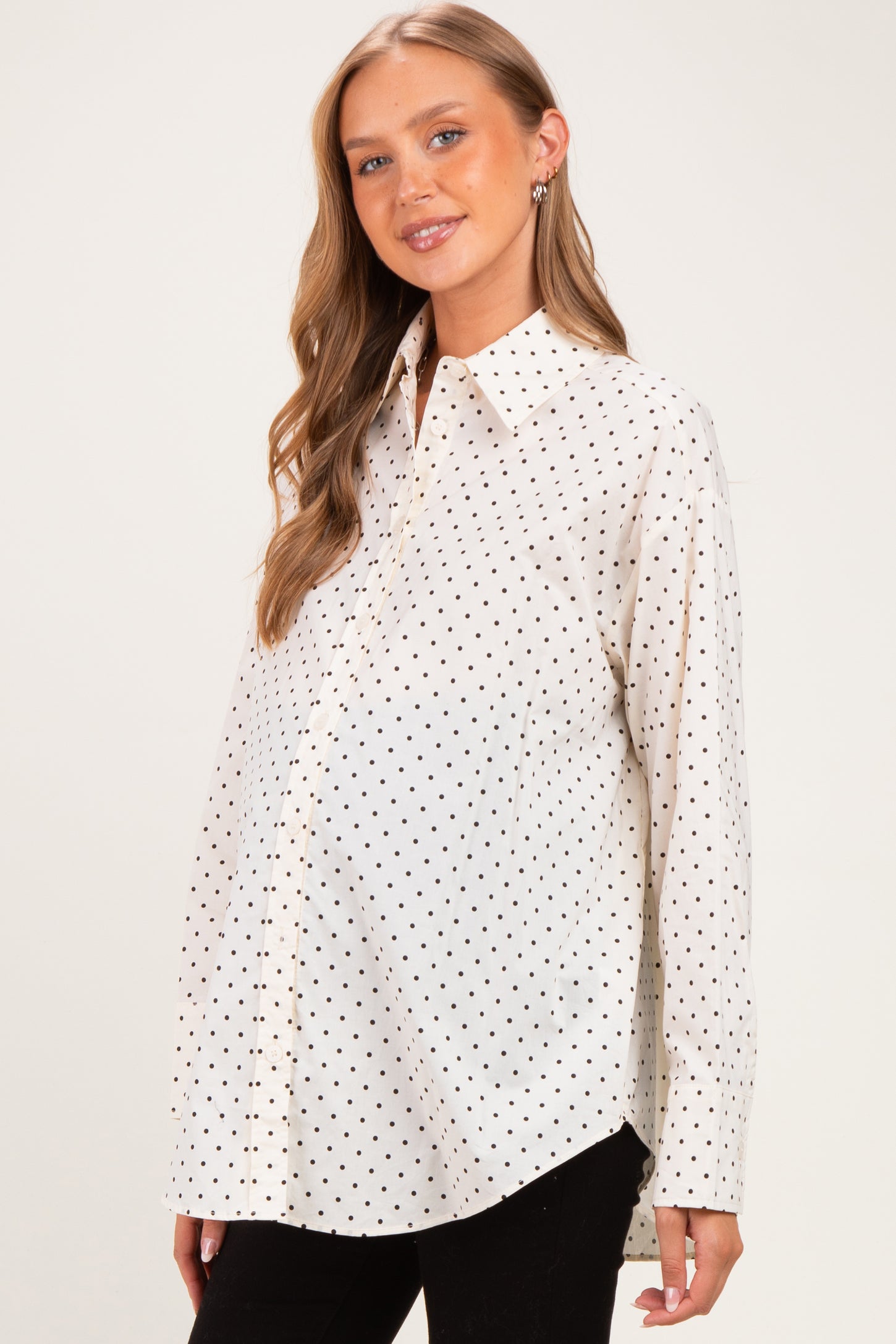 Ivory Polka Dot Oversized Button Down Maternity Shirt