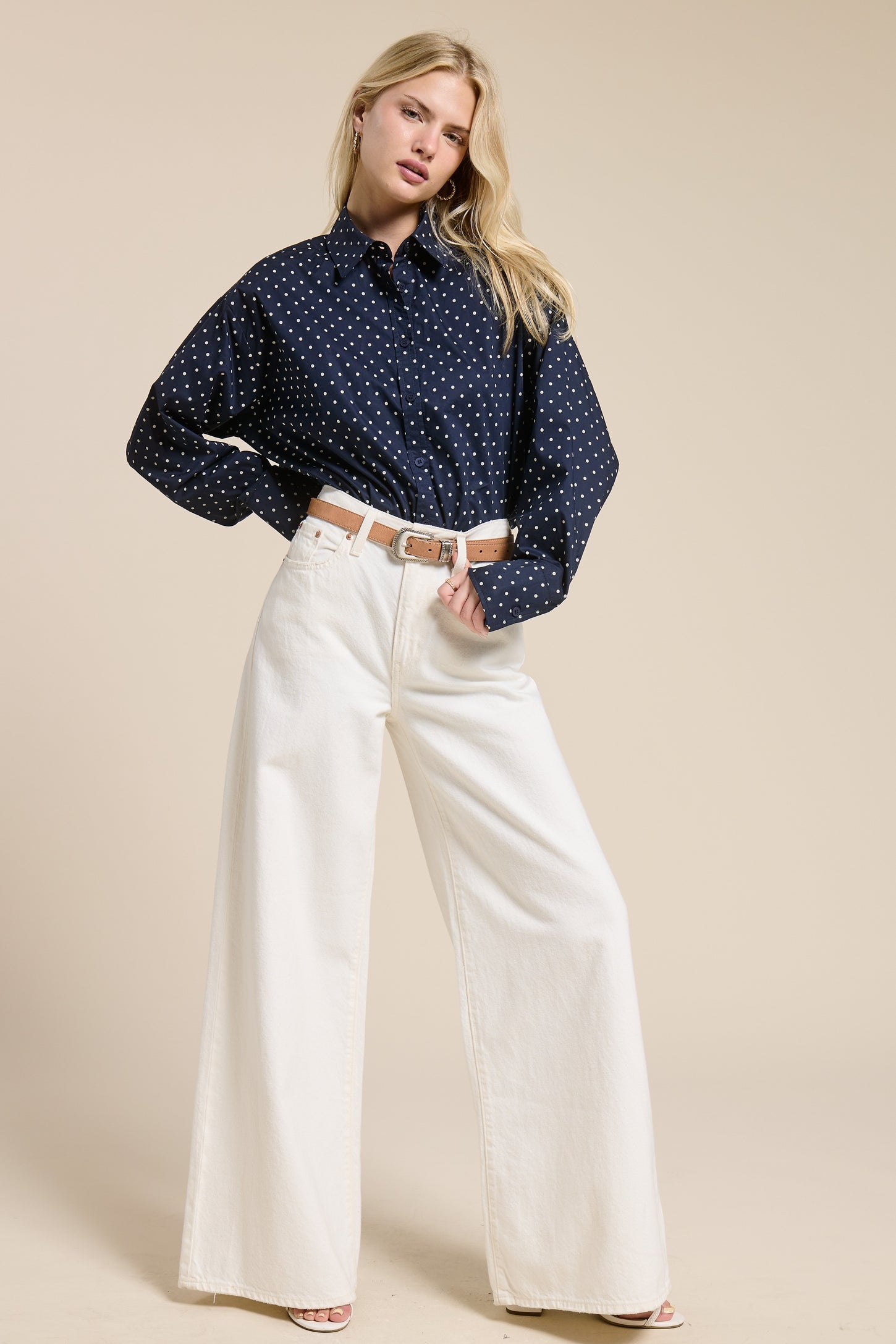 Navy Polka Dot Oversized Button Down Shirt