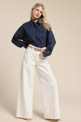 Navy Polka Dot Oversized Button Down Maternity Shirt