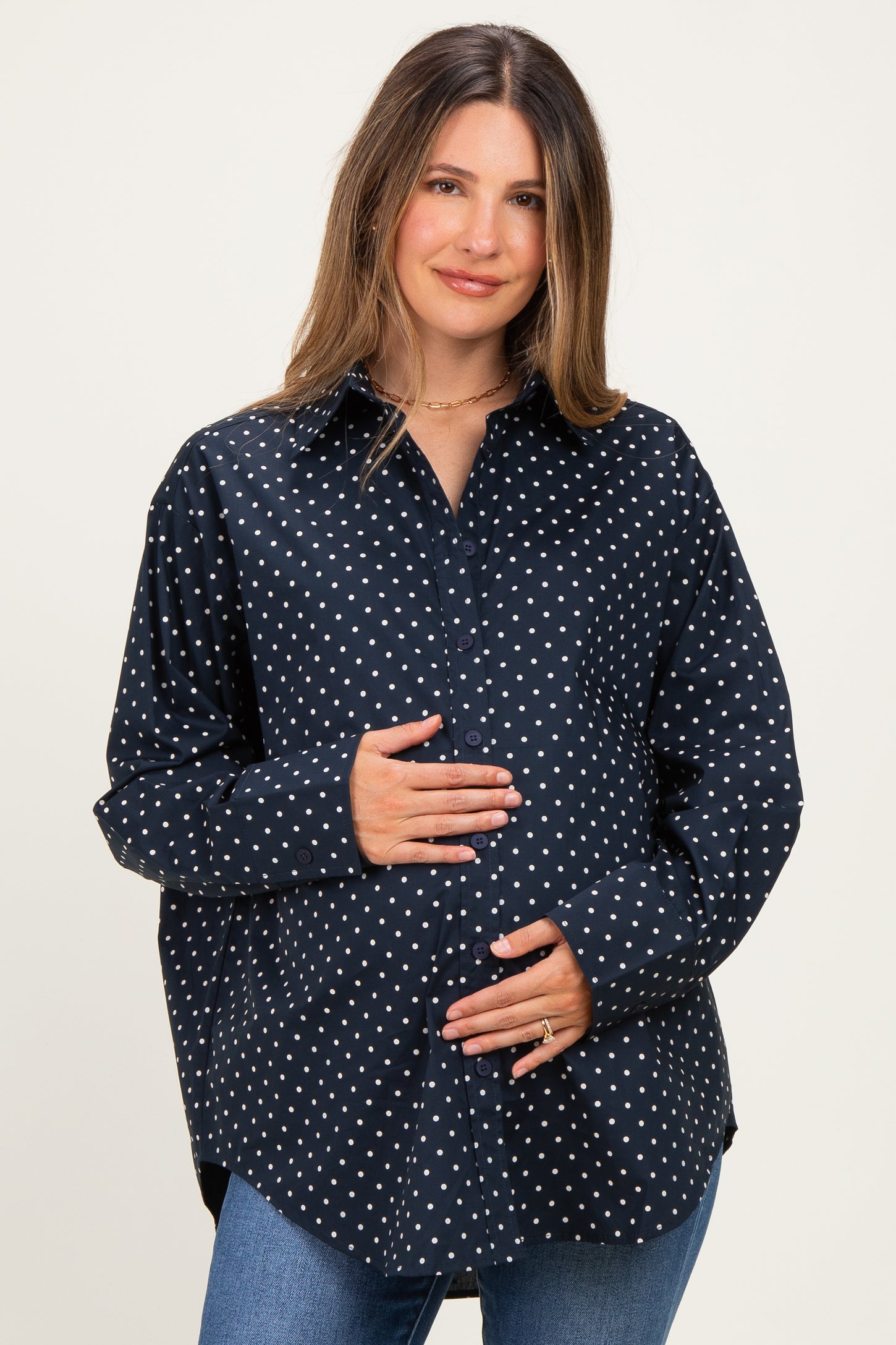 Navy Polka Dot Oversized Button Down Maternity Shirt