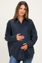 Navy Polka Dot Oversized Button Down Maternity Shirt