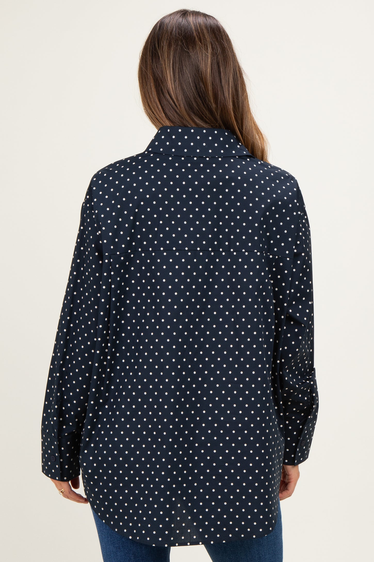 Navy Polka Dot Oversized Button Down Maternity Shirt