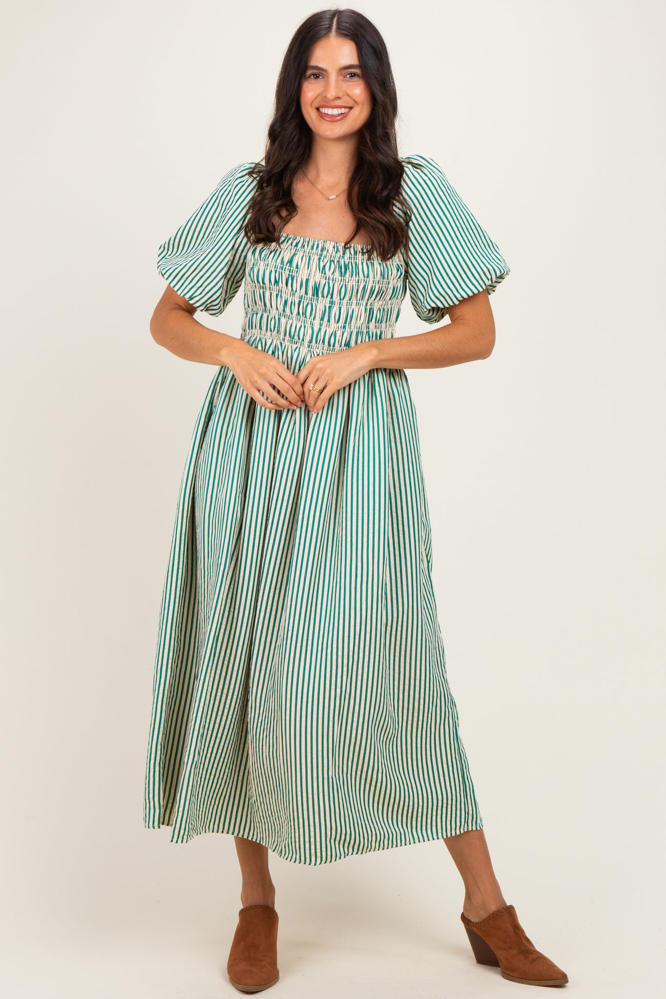Green Square Neck Smocked Striped Midi Dress
