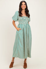 Green Square Neck Smocked Striped Midi Dress
