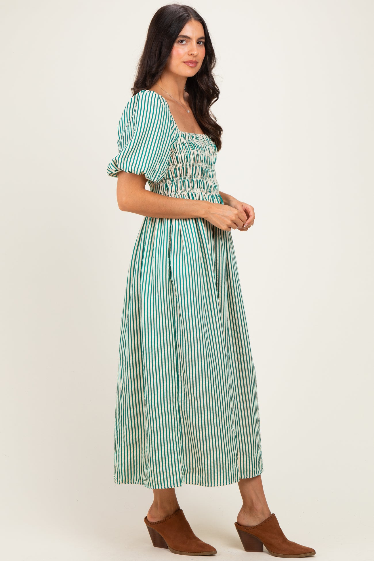 Green Square Neck Smocked Striped Midi Dress