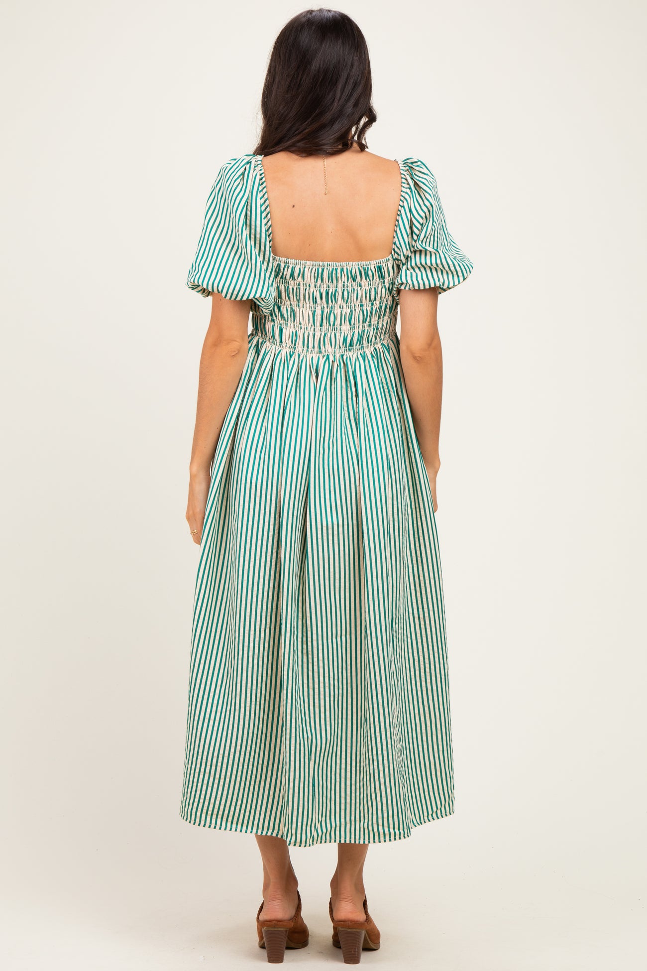 Green Square Neck Smocked Striped Midi Dress