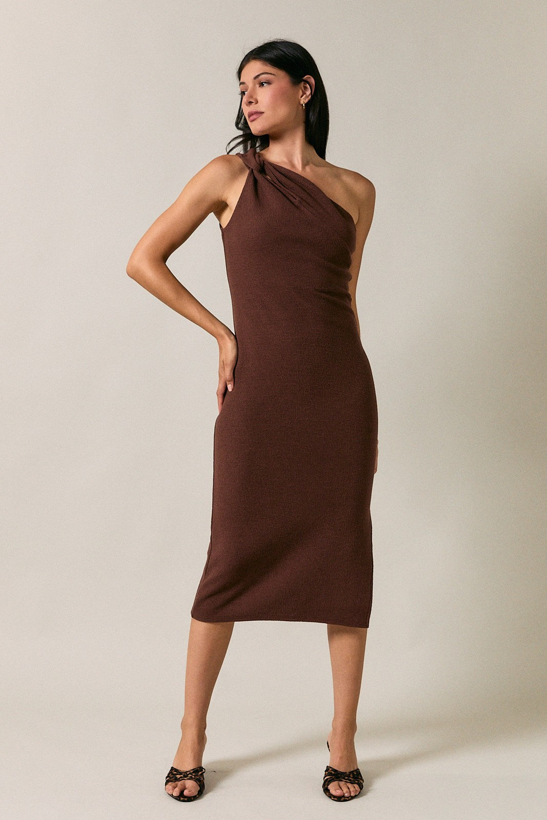 Brown One Shoulder Side Sit Maternity Midi Dress
