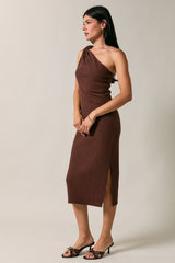 Brown One Shoulder Side Sit Midi Dress