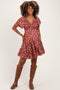 Wine Floral Flutter Sleeve Smocked Maternity Mini Dress