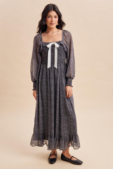 Black Dot Smocked Ribbon Tie Ruffle Maxi Dress