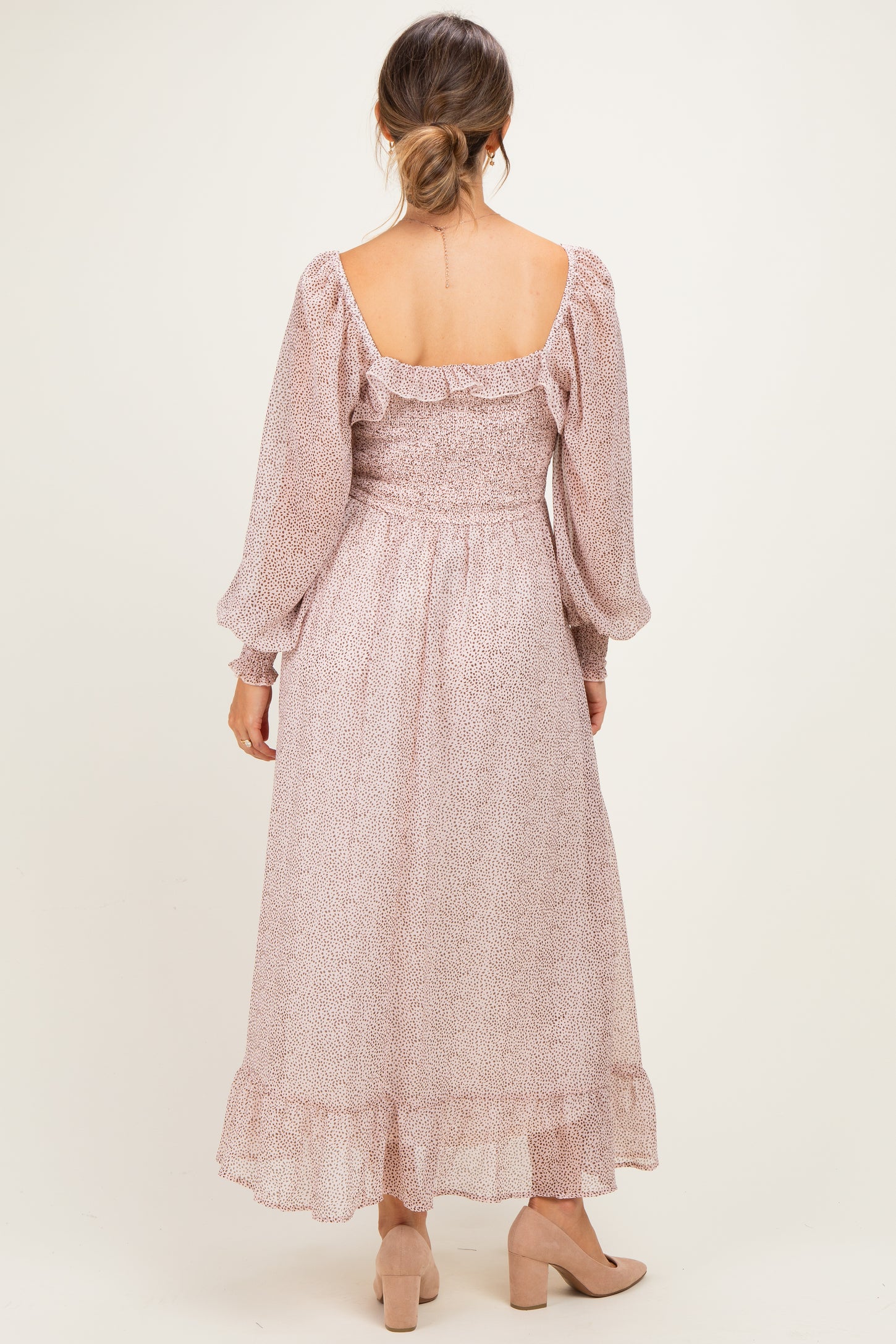 Primrose Brown Dot Smocked Ribbon Tie Ruffle Maternity Maxi Dress