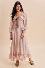 Primrose Brown Dot Smocked Ribbon Tie Ruffle Maxi Dress