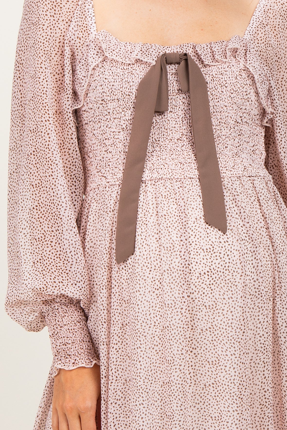 Primrose Brown Dot Smocked Ribbon Tie Ruffle Maternity Maxi Dress