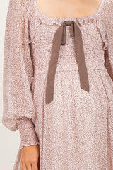 Primrose Brown Dot Smocked Ribbon Tie Ruffle Maternity Maxi Dress