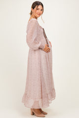 Primrose Brown Dot Smocked Ribbon Tie Ruffle Maternity Maxi Dress