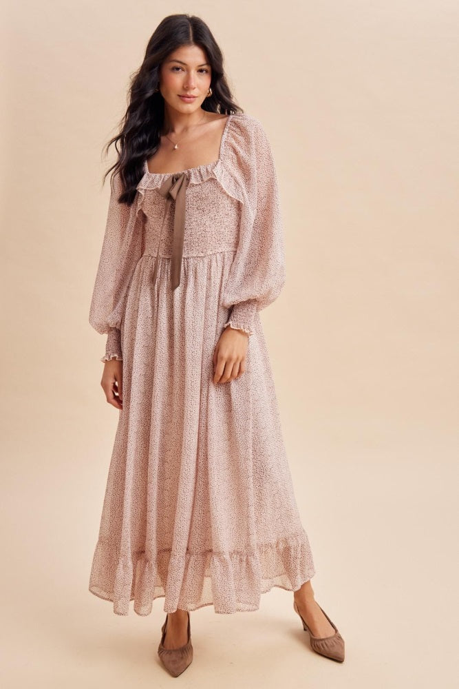Primrose Brown Dot Smocked Ribbon Tie Ruffle Maternity Maxi Dress