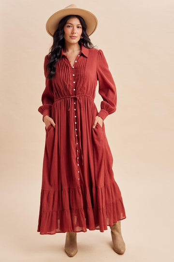 Terracotta Pleated Front Button Down Maxi Dress
