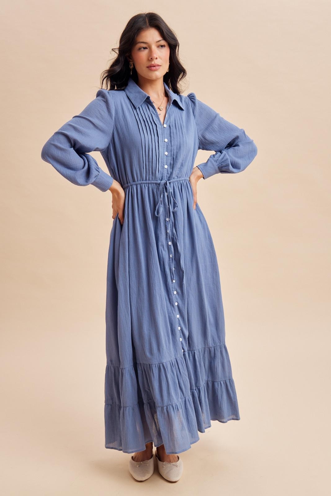 Blue Pleated Front Button Down Maxi Dress