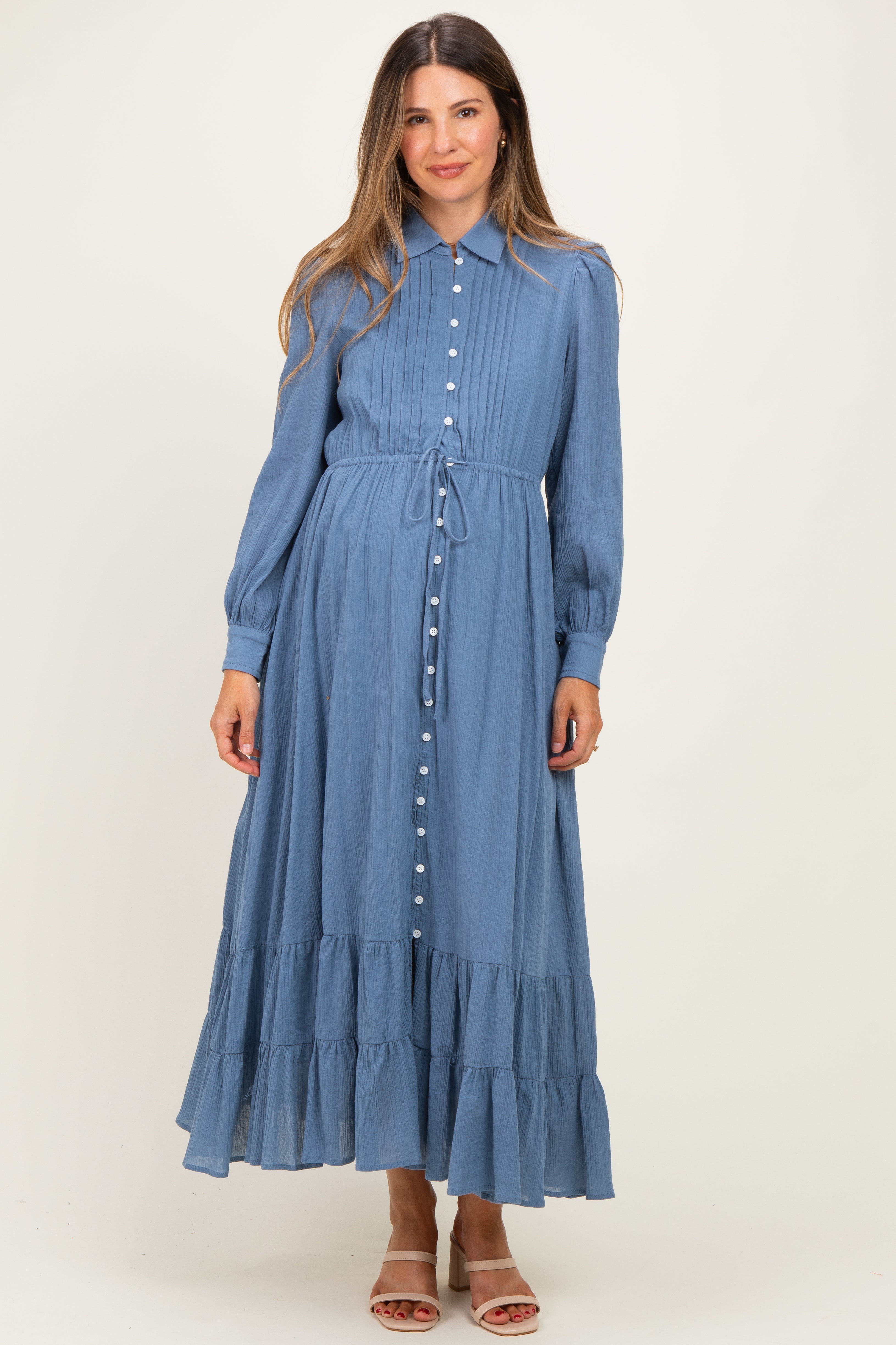 button front long dress Blue Pleated Down Maternity Maxi Discover timeless elegance in Color:BRNSDE 45 Elegant Black Wedding casacoco