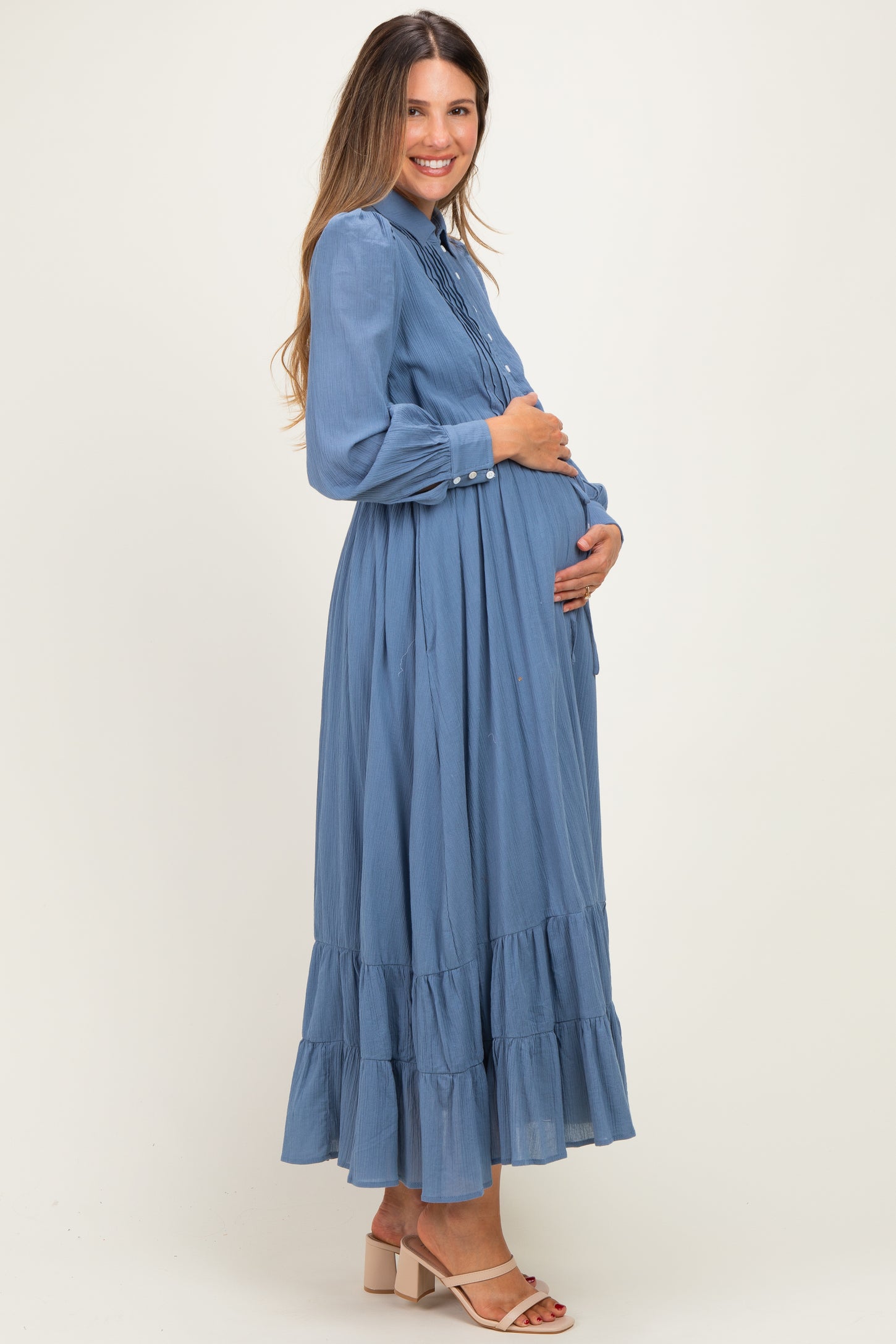Blue Pleated Front Button Down Maternity Maxi Dress