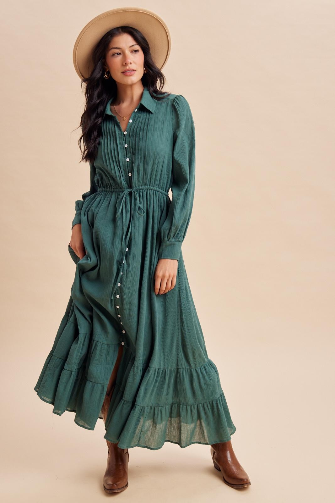 long sleeve button up maxi dress Emerald Teal Pleated Front Down TR Basic Gender:Female 99 M 8 36 Aline V Neck Lace