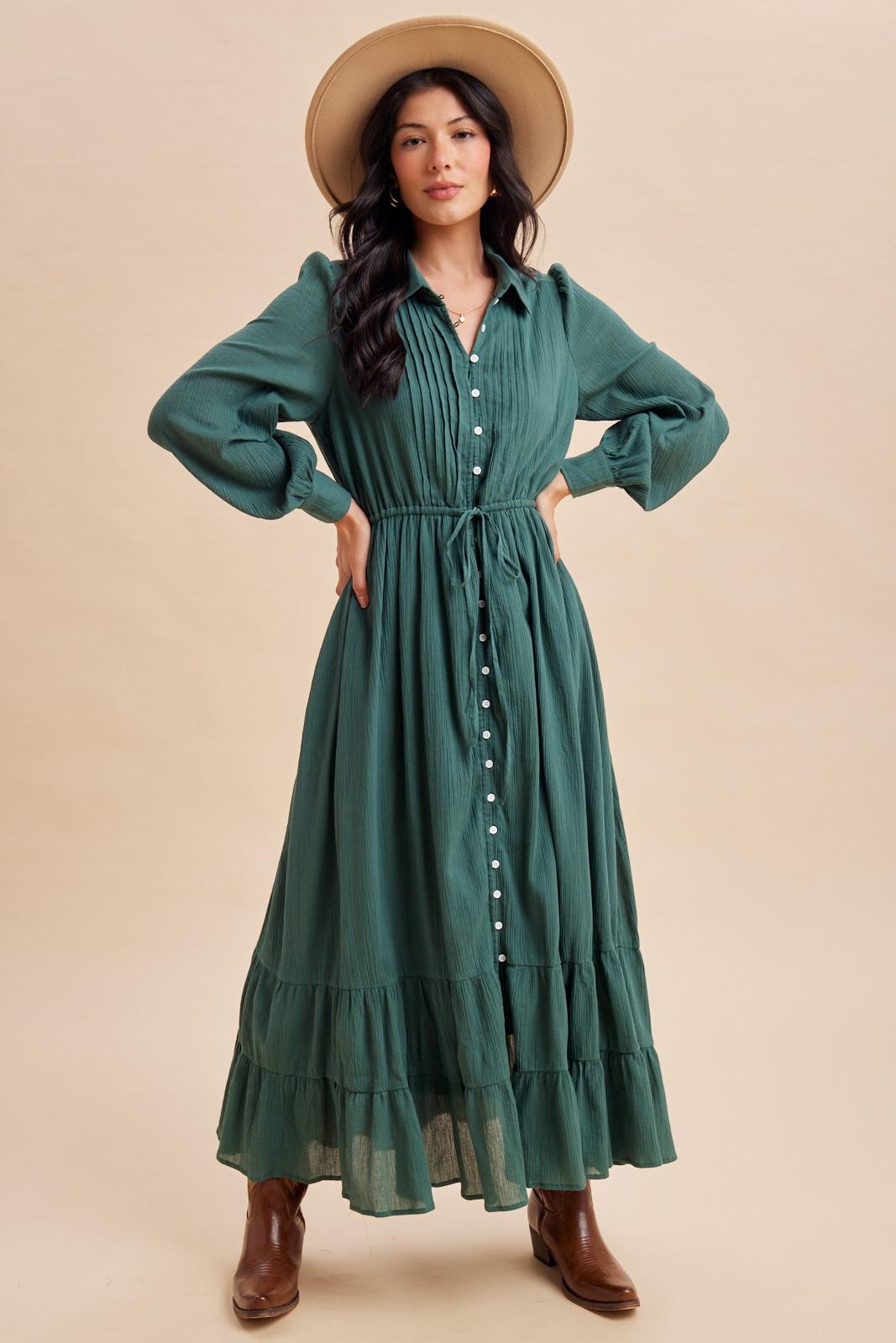 long sleeve button up maxi dress Emerald Teal Pleated Front Down 8/9/24 IB Long fluted sleeves introduce Women Black Wide Faux Color:Tangerine